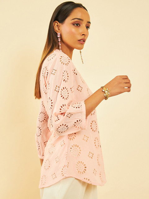 Soch Peach-Coloured Self Design Mandarin Collar Cotton Tunic - Image 4