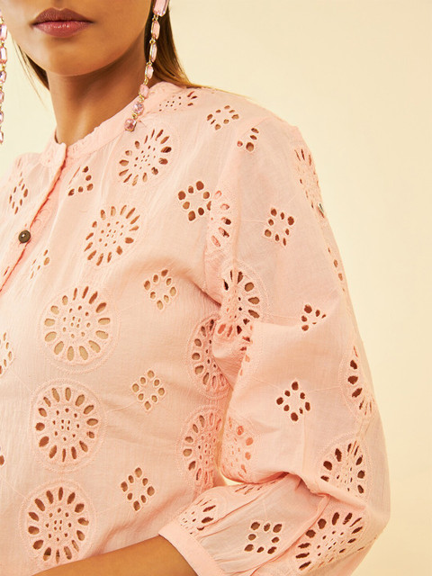Soch Peach-Coloured Self Design Mandarin Collar Cotton Tunic - Image 2
