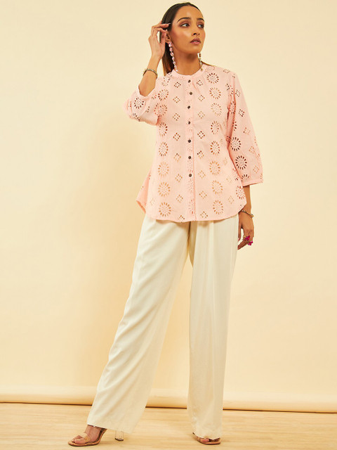 Soch Peach-Coloured Self Design Mandarin Collar Cotton Tunic - Image 6