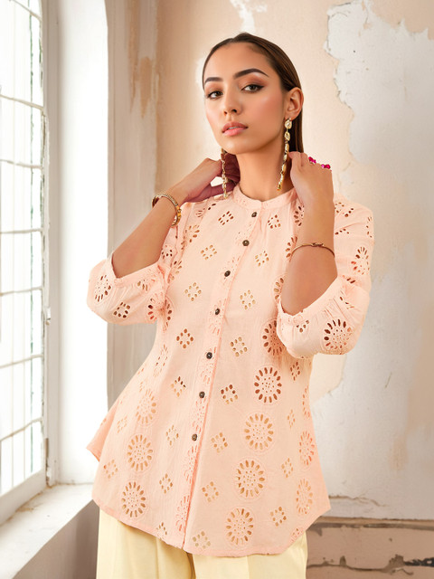 Soch Peach-Coloured Self Design Mandarin Collar Cotton Tunic