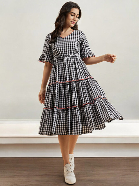 Azira Checked Cotton Empire Puff Sleeve Layered Fit & Flare Midi Dress