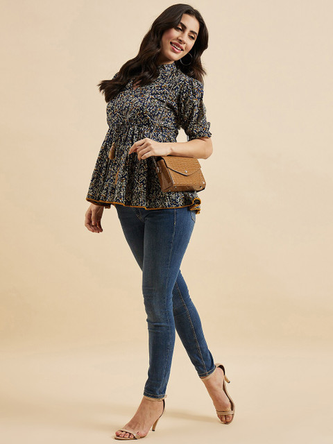 Azira Floral Print Mandarin Collar Puff Sleeve Cotton Peplum Top - Image 6