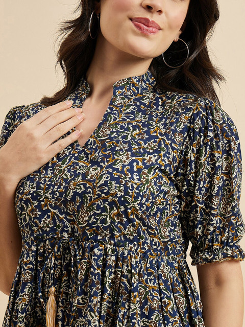 Azira Floral Print Mandarin Collar Puff Sleeve Cotton Peplum Top - Image 2