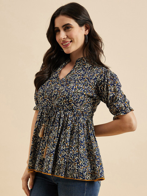 Azira Floral Print Mandarin Collar Puff Sleeve Cotton Peplum Top - Image 4