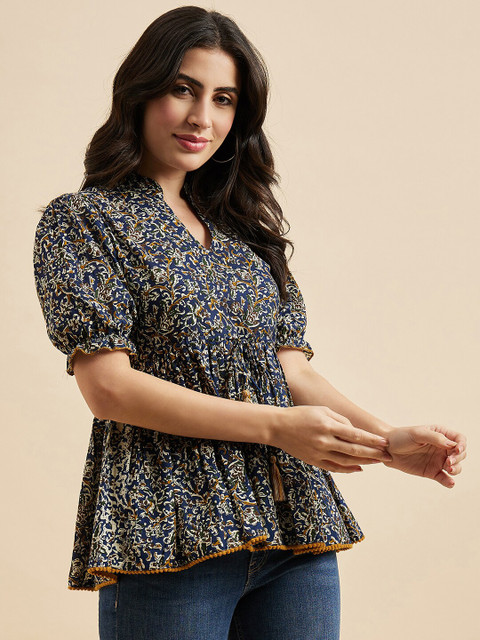 Azira Floral Print Mandarin Collar Puff Sleeve Cotton Peplum Top - Image 3