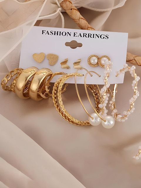 KARISHMA KREATIONS Set Of 9 Gold-Plated Beads Beaded Classic Hoop & Studs Earrings