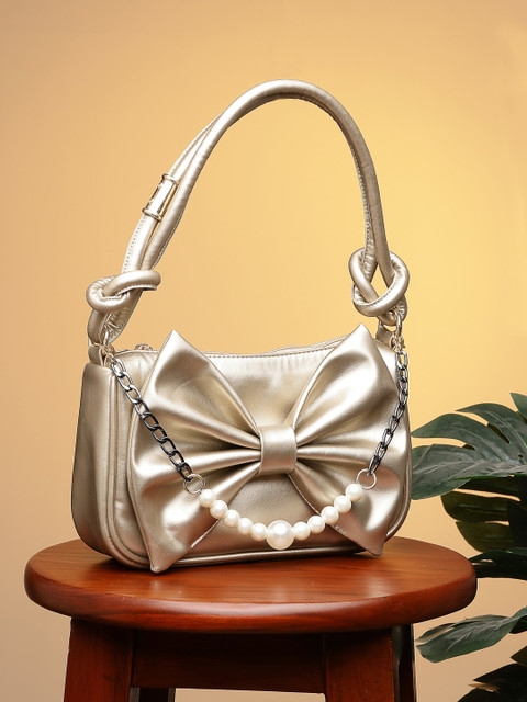 DressBerry Gold Embellished Bow Detail Handheld Bag