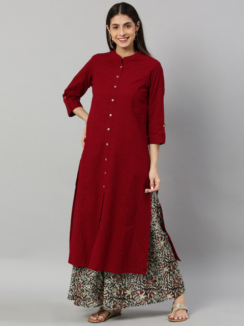 KALINI Mandarin Collar Roll-Up Sleeves Pure Cotton Straight Kurta With Printed Palazzo