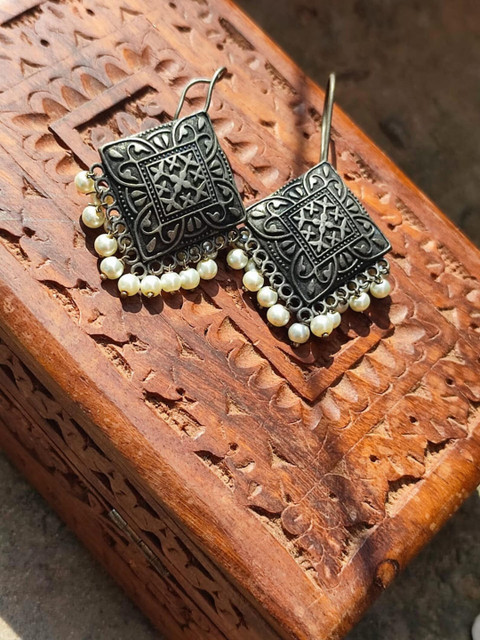 The Pari Silver-Plated Oxidised Contemporary Drop Earrings