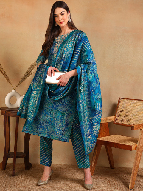 KALINI Ethnic Motifs Printed Thread Work Straight Kurta With Trouser & Dupatta - Image 8