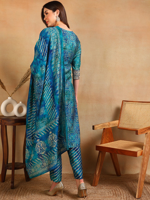 KALINI Ethnic Motifs Printed Thread Work Straight Kurta With Trouser & Dupatta - Image 6