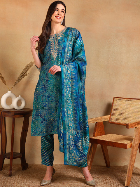 KALINI Ethnic Motifs Printed Thread Work Straight Kurta With Trouser & Dupatta - Image 2