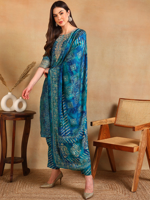 KALINI Ethnic Motifs Printed Thread Work Straight Kurta With Trouser & Dupatta - Image 5