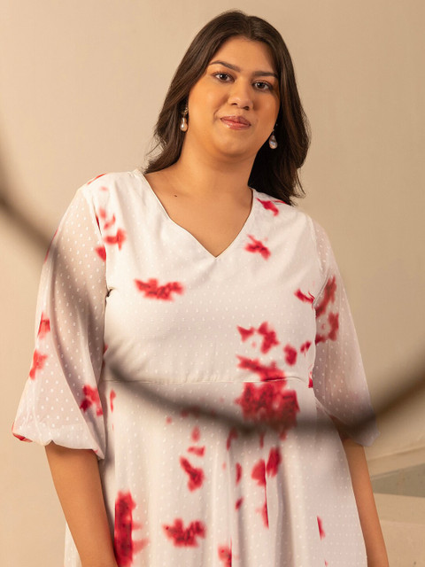 Janasya Plus Size Off White Dobby Georgette Tie & Dye Fit & Flare Dress - Image 5
