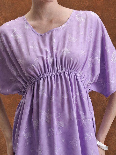 Vishudh Lavender Floral Printed Extended Sleeves Kaftan Tunic With Trousers - Image 2