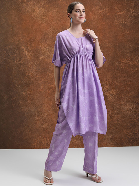 Vishudh Lavender Floral Printed Extended Sleeves Kaftan Tunic With Trousers - Image 4
