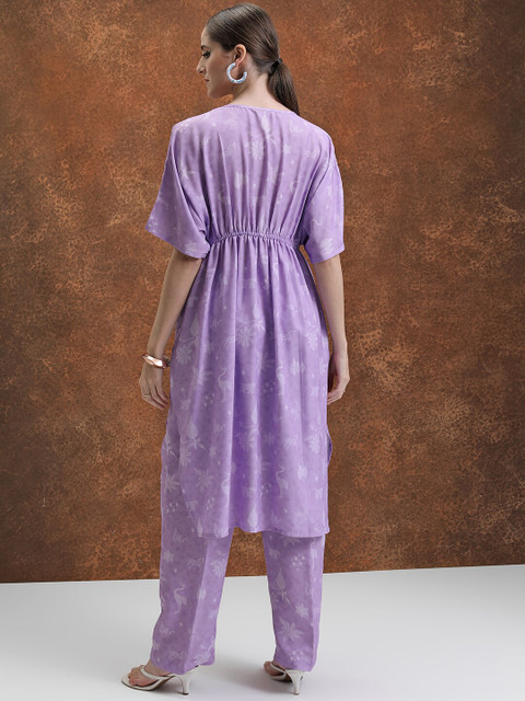 Vishudh Lavender Floral Printed Extended Sleeves Kaftan Tunic With Trousers - Image 6
