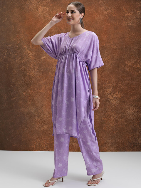 Vishudh Lavender Floral Printed Extended Sleeves Kaftan Tunic With Trousers - Image 5