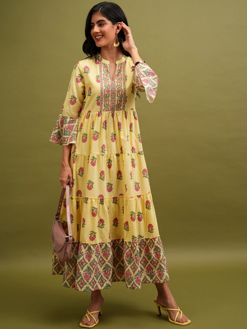 Vishudh Yellow Floral Printed Mandrain Collar Bell Sleeves Fit and Flare Midi Dress