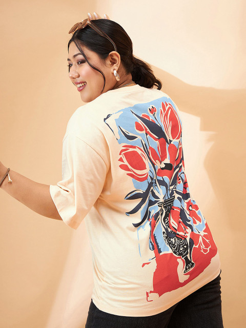 SASSAFRAS Curve Plus Size Floral Printed Pure Cotton Relaxed Fit T-shirt