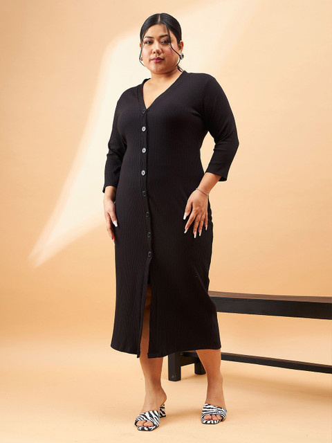 SASSAFRAS Curve Plus Size Black Ribbed V-Neck A-Line Midi Dress