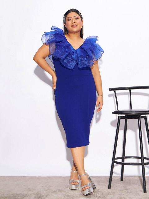 SASSAFRAS Curve Plus Size Blue V-Neck Flutter Sleeves Sheath Dress