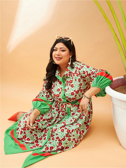 SASSAFRAS Curve Plus Size Floral Printed Fit & Flare Midi Dress - Image 6