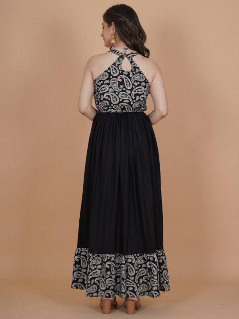 INDIANIC Ethnic Motifs Printed Halter Neck Fit & Flare Maxi Ethnic Dress - Image 5