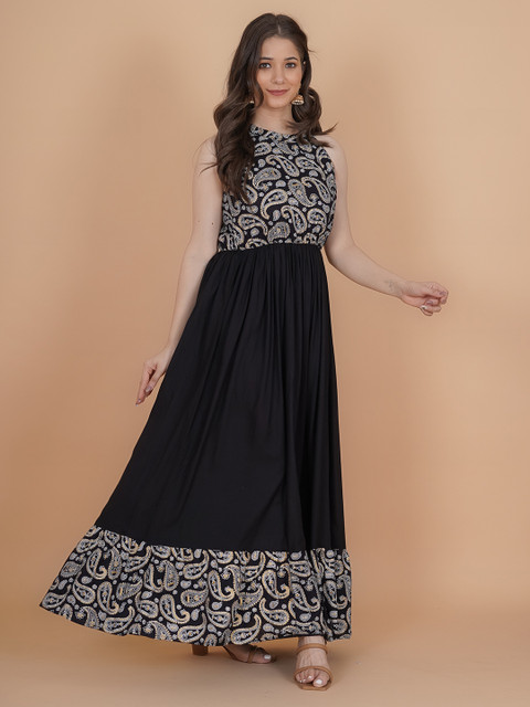 INDIANIC Ethnic Motifs Printed Halter Neck Fit & Flare Maxi Ethnic Dress - Image 3