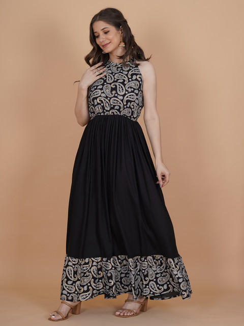 INDIANIC Ethnic Motifs Printed Halter Neck Fit & Flare Maxi Ethnic Dress - Image 4