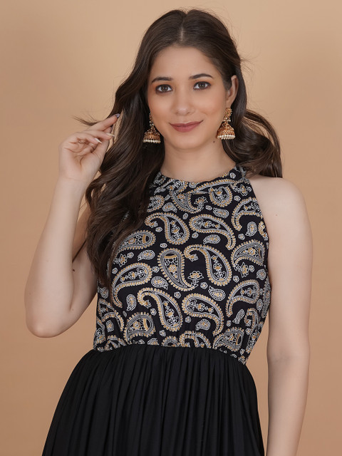 INDIANIC Ethnic Motifs Printed Halter Neck Fit & Flare Maxi Ethnic Dress - Image 6