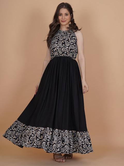 INDIANIC Ethnic Motifs Printed Halter Neck Fit & Flare Maxi Ethnic Dress