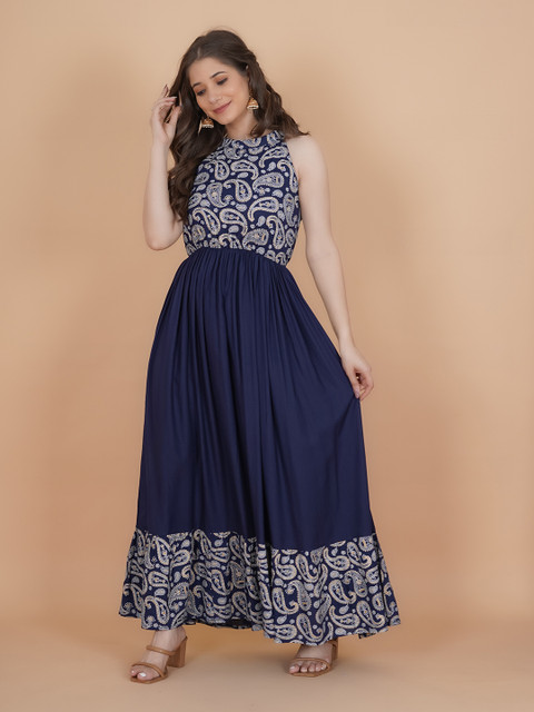 INDIANIC Ethnic Motifs Printed Halter Neck Fit & Flare Maxi Ethnic Dress - Image 6