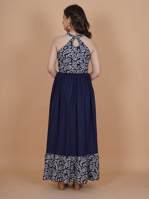 INDIANIC Ethnic Motifs Printed Halter Neck Fit & Flare Maxi Ethnic Dress - Image 4