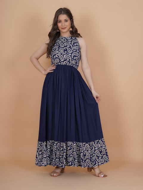 INDIANIC Ethnic Motifs Printed Halter Neck Fit & Flare Maxi Ethnic Dress - Image 5