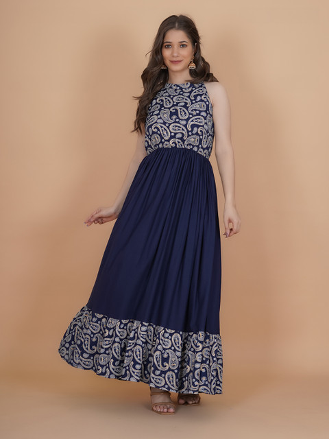 INDIANIC Ethnic Motifs Printed Halter Neck Fit & Flare Maxi Ethnic Dress - Image 3