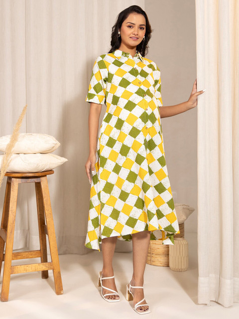 Janasya Cotton Geometric A-Line Maternity Dress