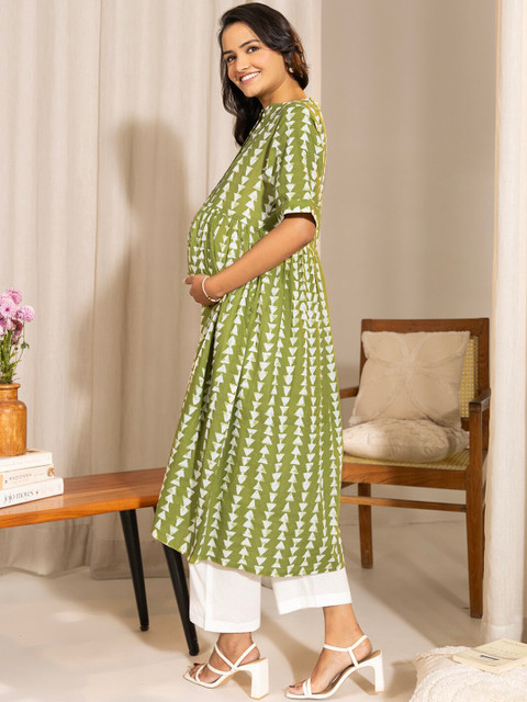 Janasya Cotton Block Printed Gathered Maternity Kurta - Image 5