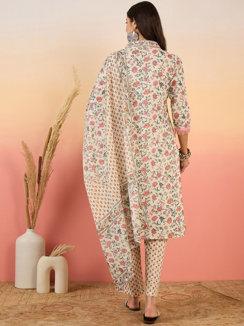 Sangria Floral Printed Pure Cotton V Neck Kurta With Trousers & Dupatta - Image 7