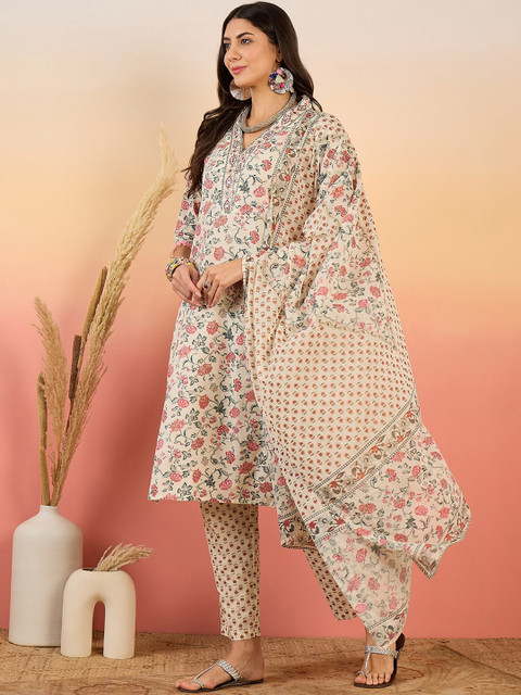 Sangria Floral Printed Pure Cotton V Neck Kurta With Trousers & Dupatta - Image 6