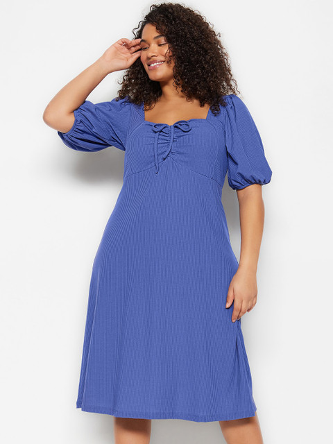 Trendyol Plus Size Ribbed Sweetheart Neck Puff Sleeves A-Line Dress
