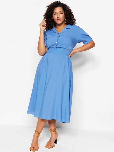 Trendyol Plus Size Shirt Collar Short Sleeves Gathered Fit & Flare Midi Dress