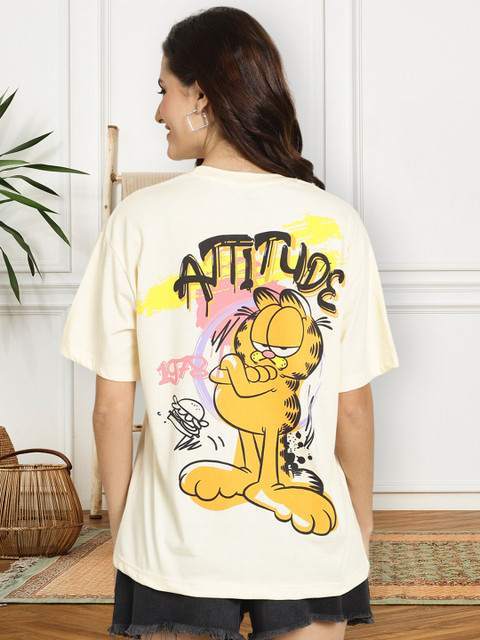 Fabflee Graphic Printed Round Neck Drop-Shoulder Sleeves Cotton Oversized T-shirt