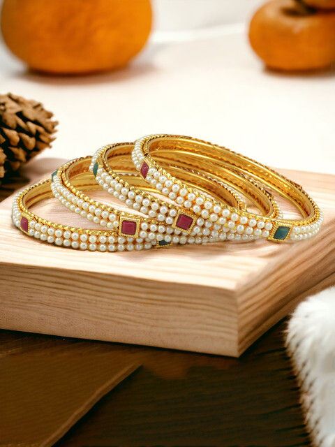 The Pari Set Of 4 Gold-Plated Stones Studded & Beaded Bangles
