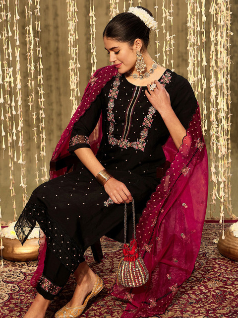 Indo Era Floral Embroidered Regular Thread Work Kurta With Trousers & Dupatta