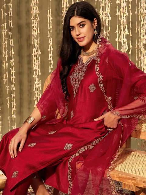 Indo Era Ethnic Motifs Embroidered Thread Work Kurta With Trousers & Dupatta - Image 6