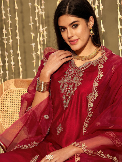 Indo Era Ethnic Motifs Embroidered Thread Work Kurta With Trousers & Dupatta - Image 2