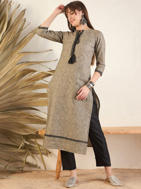 MASSTANI BY INDDUS Geometric Cotton Thread Work Tie-Up Neck A-Line Kurta - Image 5