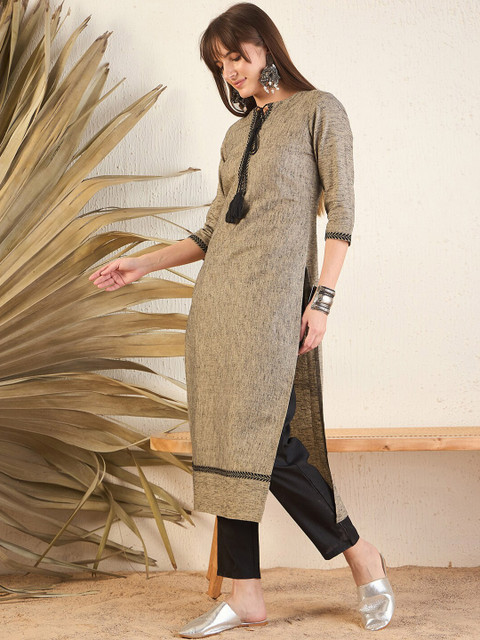 MASSTANI BY INDDUS Geometric Cotton Thread Work Tie-Up Neck A-Line Kurta - Image 3