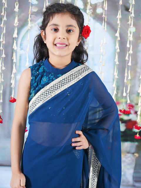 Little Bansi Girls Pure Georgette Ready-to-Wear Saree with Stitched Blouse - Image 6